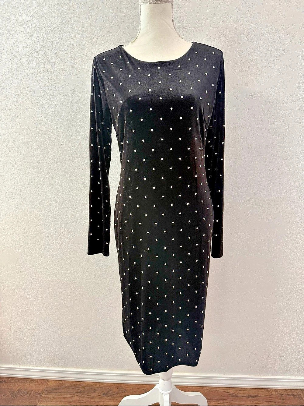 Jennifer Lopez M Black Velvet Rhinestone Sheath Midi Dress Lined Stretch